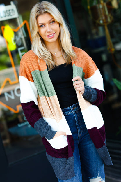 Perfectly You Plum & Olive Color Block Open Cardigan