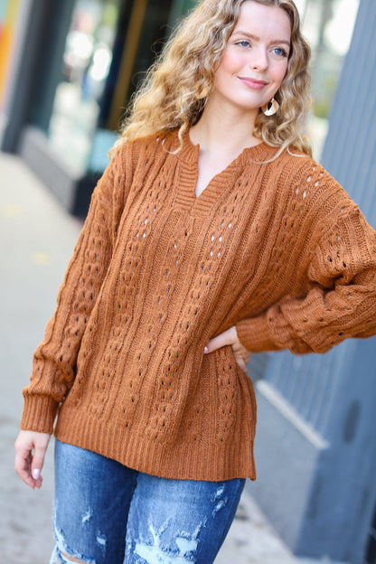 Can't Resist Rust Cable Knit Notched Neck Pullover Sweater