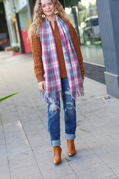 Keep Me Cozy Blue & Light Burgundy Plaid Fringe Scarf