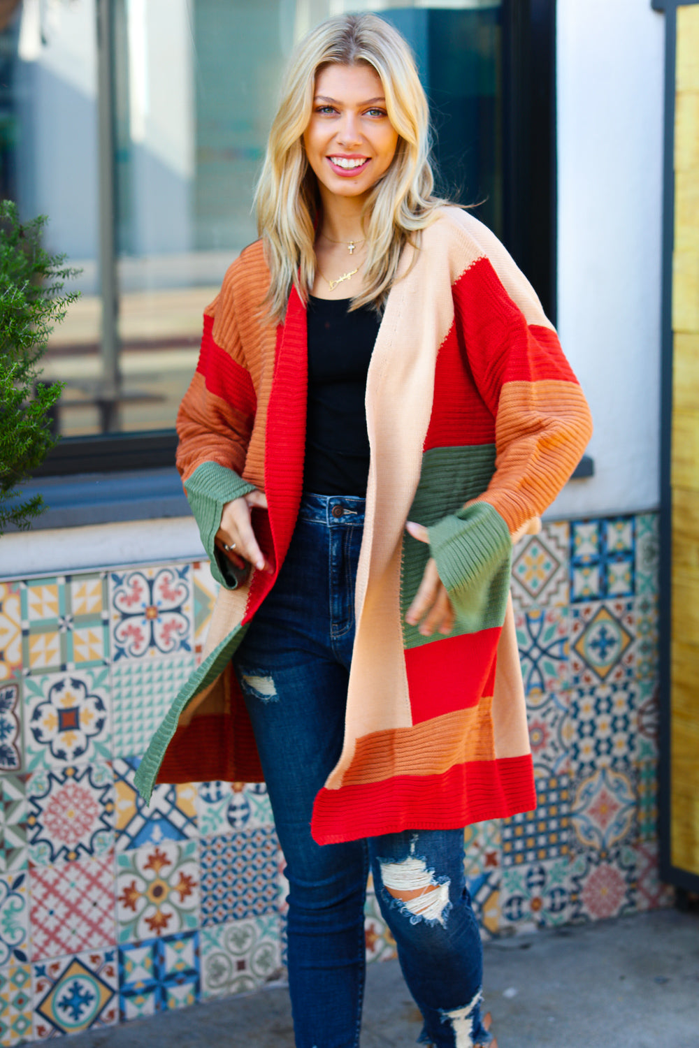 Latte Ready Rust & Taupe Color Block Open Knit Cardigan