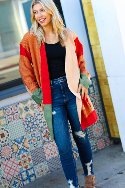 Latte Ready Rust & Taupe Color Block Open Knit Cardigan