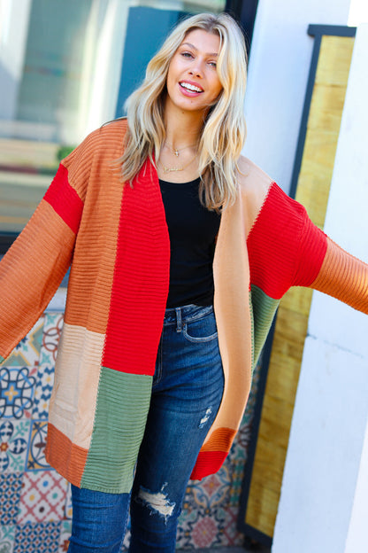 Latte Ready Rust & Taupe Color Block Open Knit Cardigan