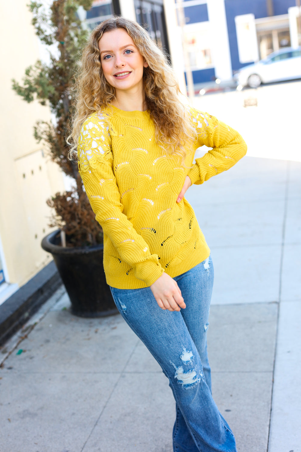 Feeling Fun Mustard Pointelle Lace Shoulder Knit Sweater