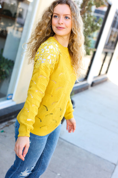 Feeling Fun Mustard Pointelle Lace Shoulder Knit Sweater