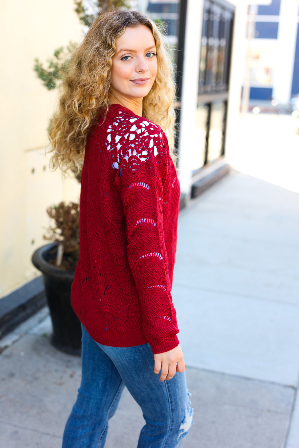 Feeling Fun Burgundy Pointelle Lace Shoulder Knit Sweater