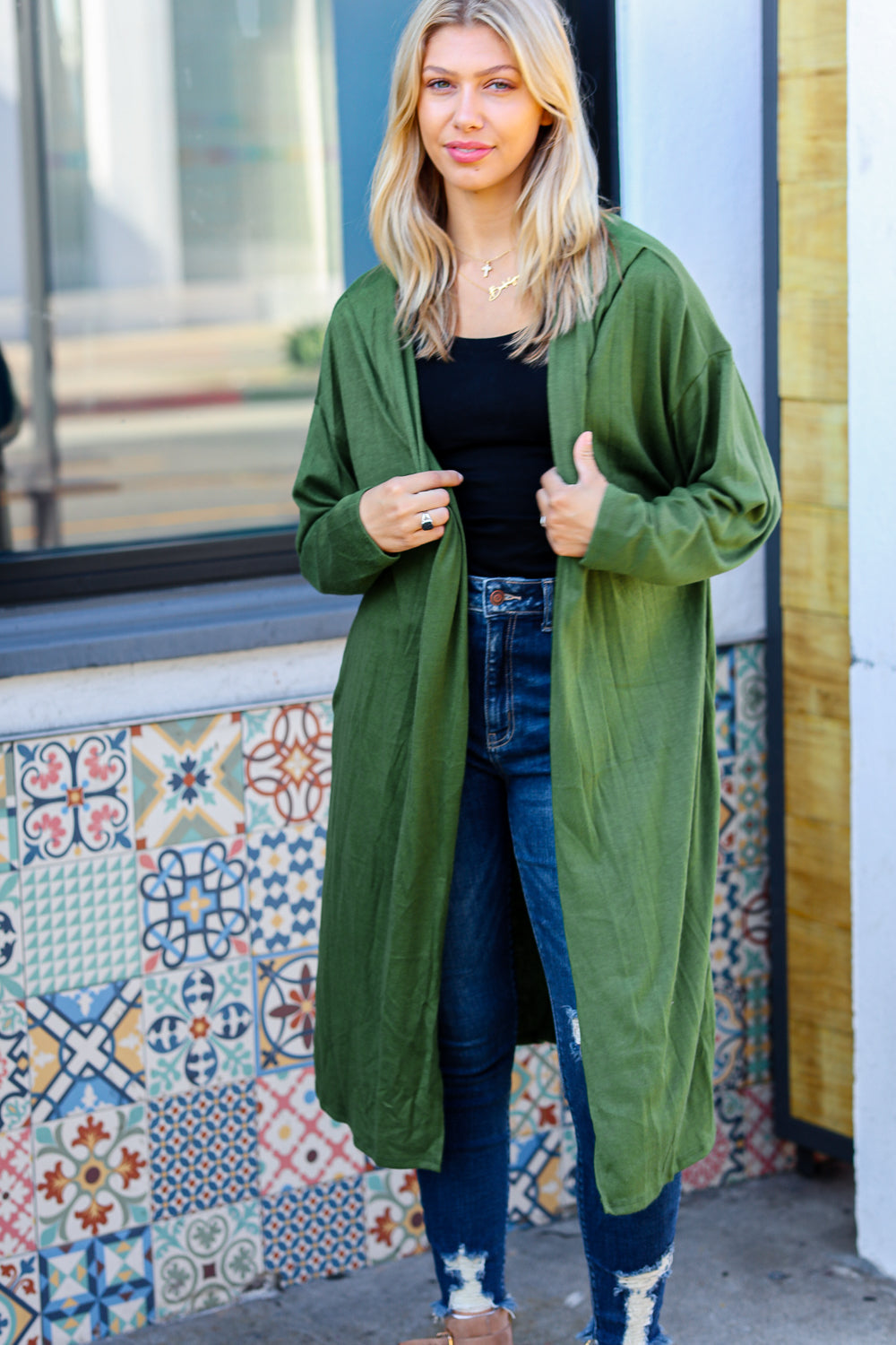 Over The Moon Olive Hacci Midi Open Cardigan