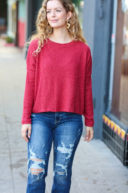 Stay Awhile Red Ribbed Dolman Cropped Sweater