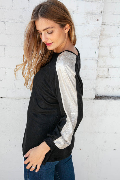 Black Cashmere Feel Shimmer Foil Long Sleeve Raglan