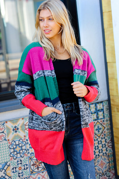 Face The Day Magenta & Hunter Green Two Tone Cardigan