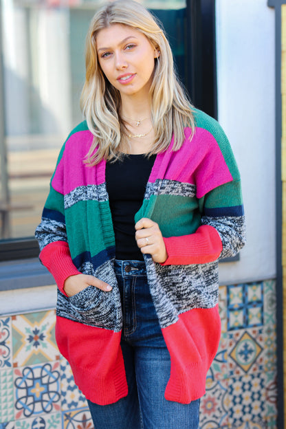 Face The Day Magenta & Hunter Green Two Tone Cardigan