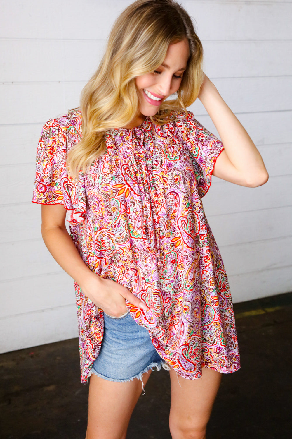 Multicolor Boho Paisley Print Tie Neck Dolman Top