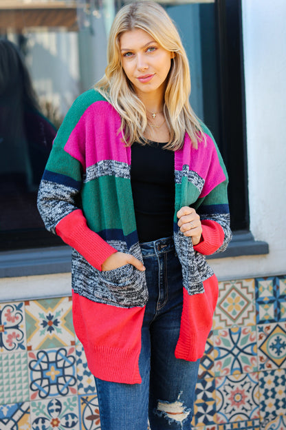 Face The Day Magenta & Hunter Green Two Tone Cardigan