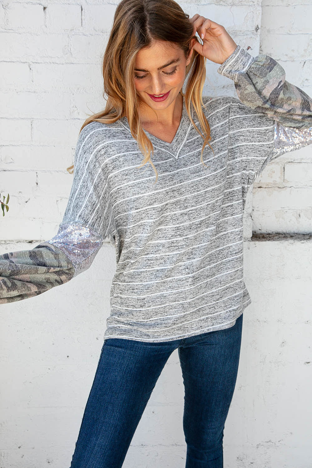 Stripe and Camo Sequin Bubble Sleeve V Neck Top