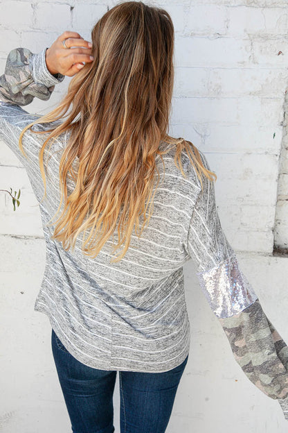 Stripe and Camo Sequin Bubble Sleeve V Neck Top