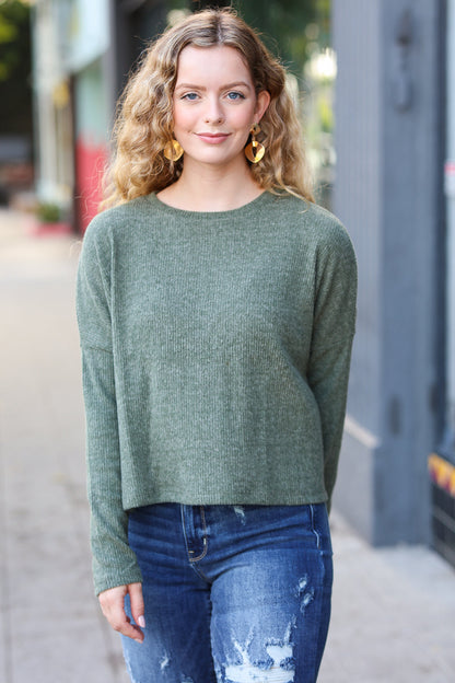 Stay Awhile Olive Ribbed Dolman Cropped Sweater