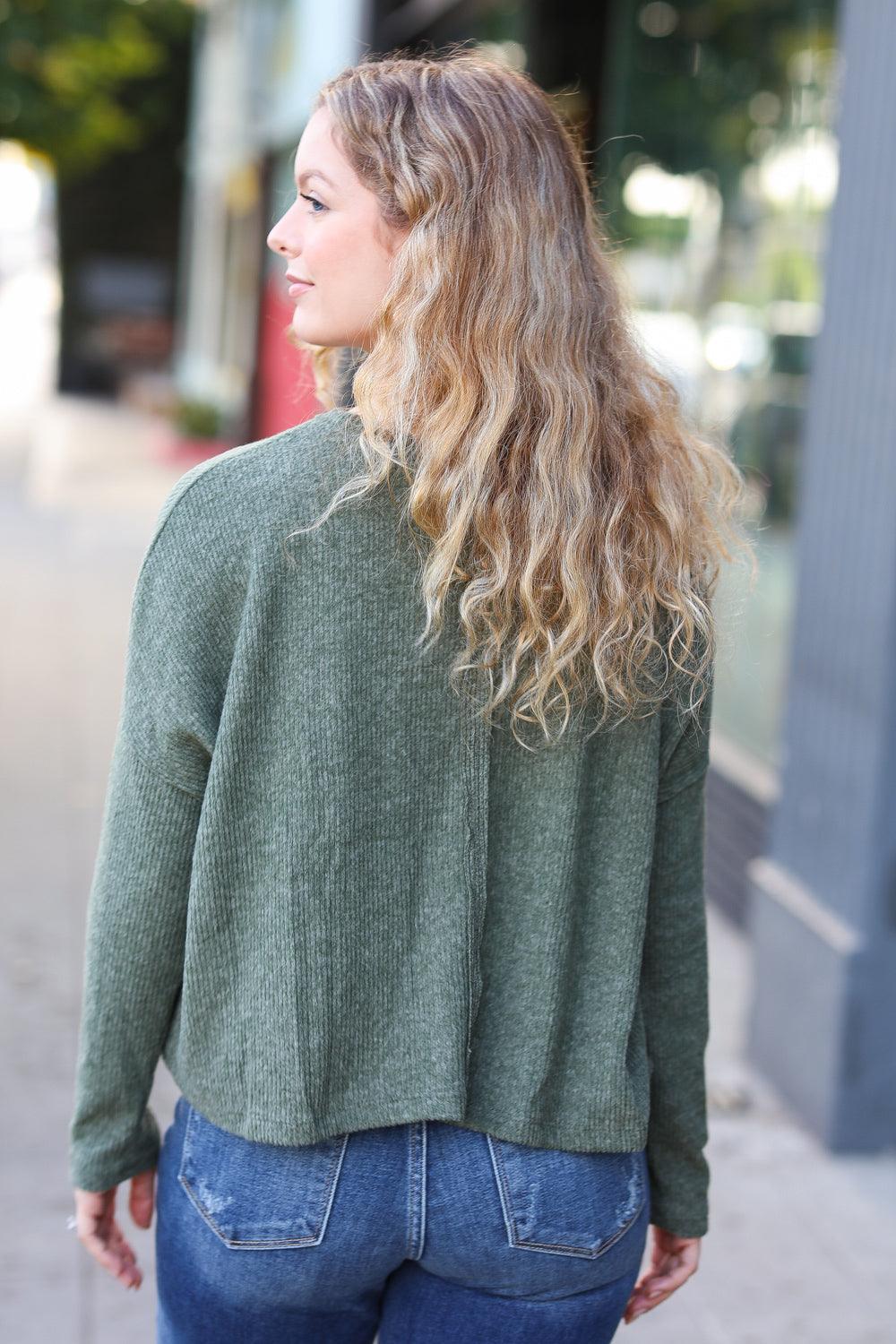 Stay Awhile Olive Ribbed Dolman Cropped Sweater