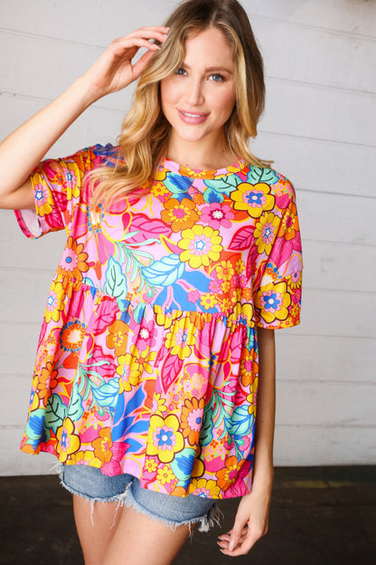 Vibrant Multicolor Drop Shoulder Floral Babydoll Top