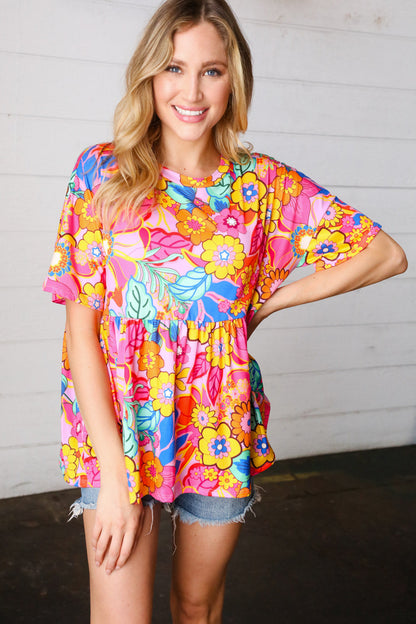 Vibrant Multicolor Drop Shoulder Floral Babydoll Top