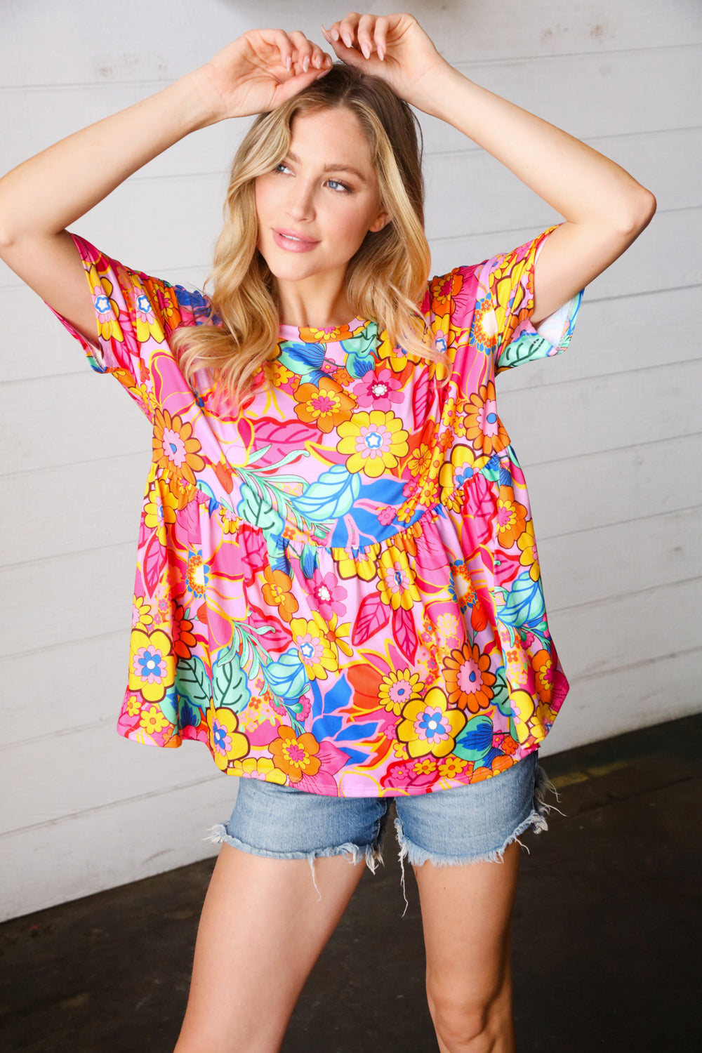 Vibrant Multicolor Drop Shoulder Floral Babydoll Top