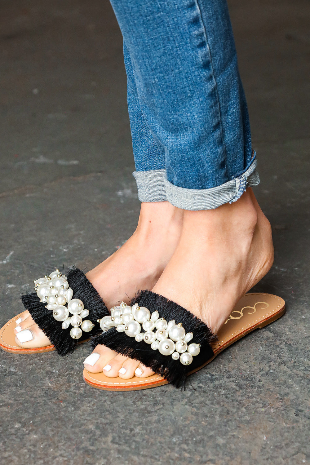 Black Linen Fray Beaded Faux Pearl Slide Sandal