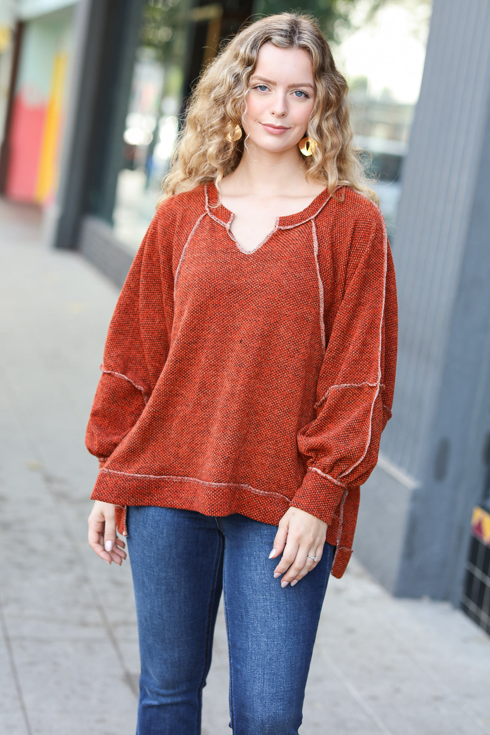 The Slouchy Rust Two Tone Knit Notched Raglan Top