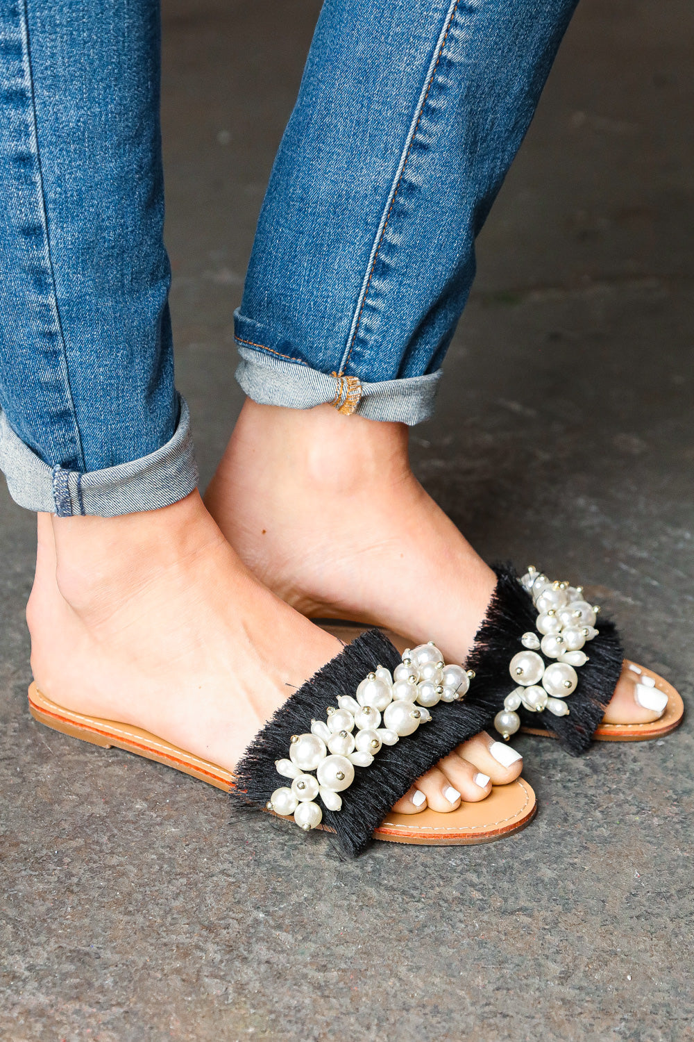 Black Linen Fray Beaded Faux Pearl Slide Sandal