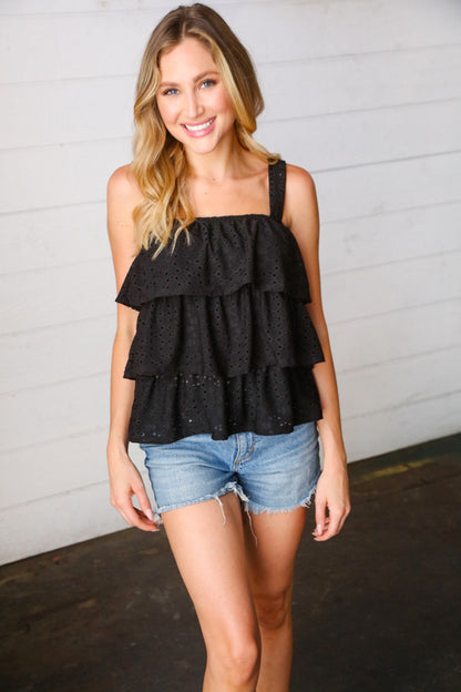 Black Eyelet Tiered Sleeveless Lined Top