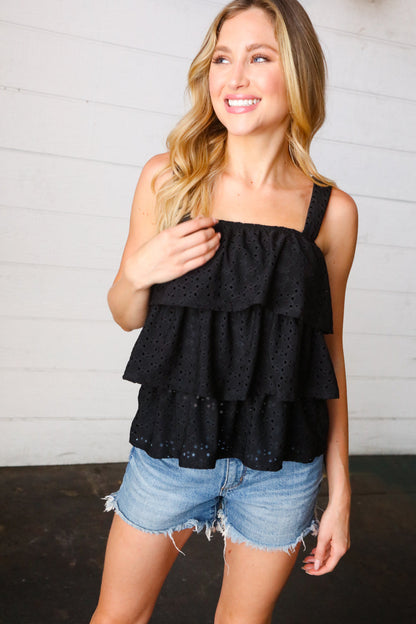 Black Eyelet Tiered Sleeveless Lined Top