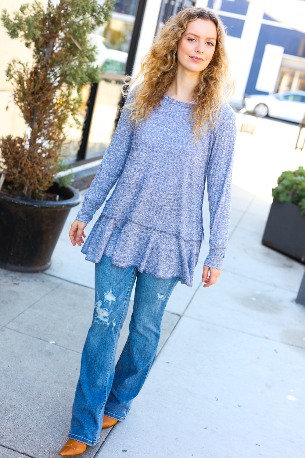 Feeling Feminine Navy Two Tone Wide Rib Tunic Top