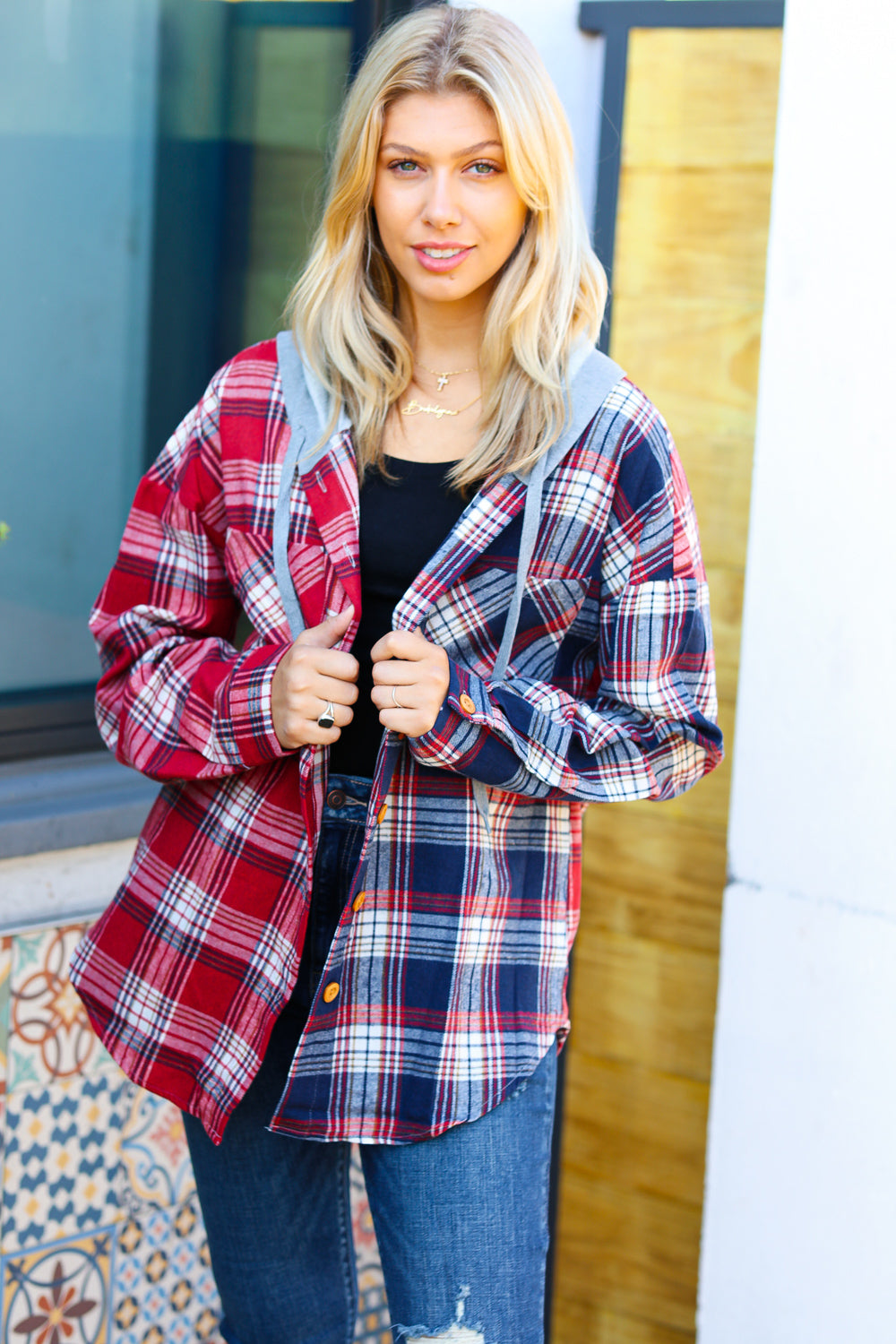 Face the Day Red/Navy Plaid Color Block Hoodie Shacket