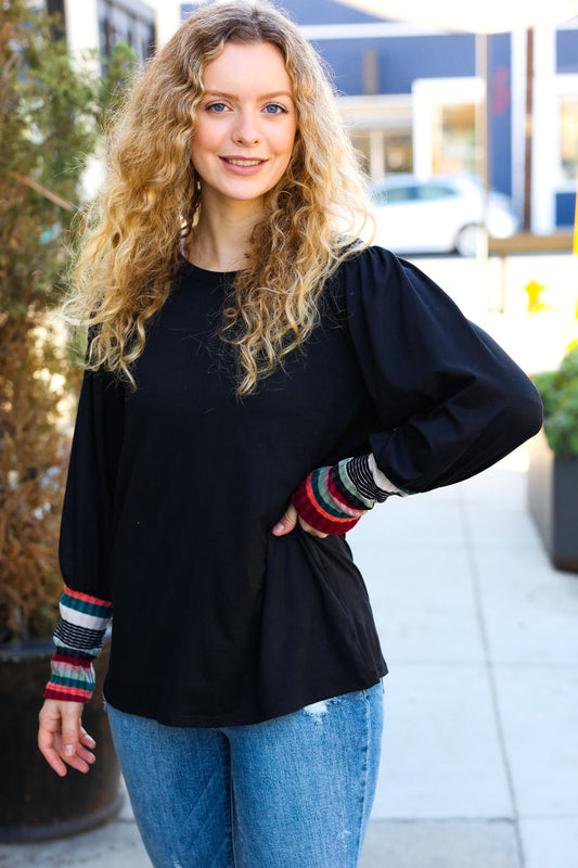 Dream On Black Multicolor Stripe Banded Puff Sleeve Top