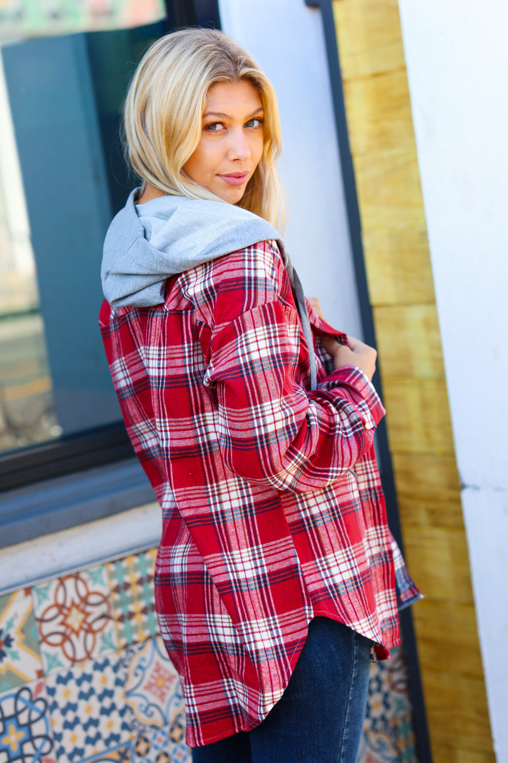 Face the Day Red/Navy Plaid Color Block Hoodie Shacket