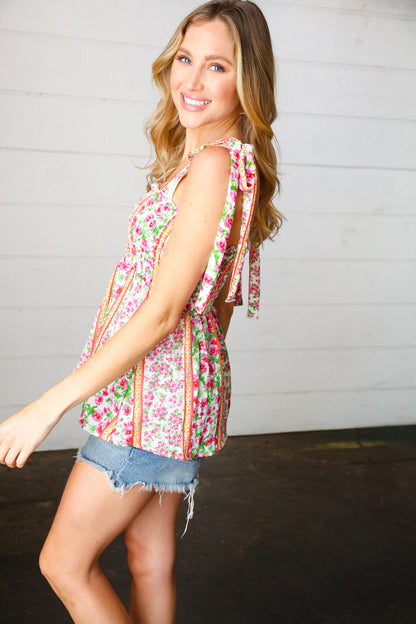 Ivory & Fuchsia Floral Smocked Shoulder Tie Top