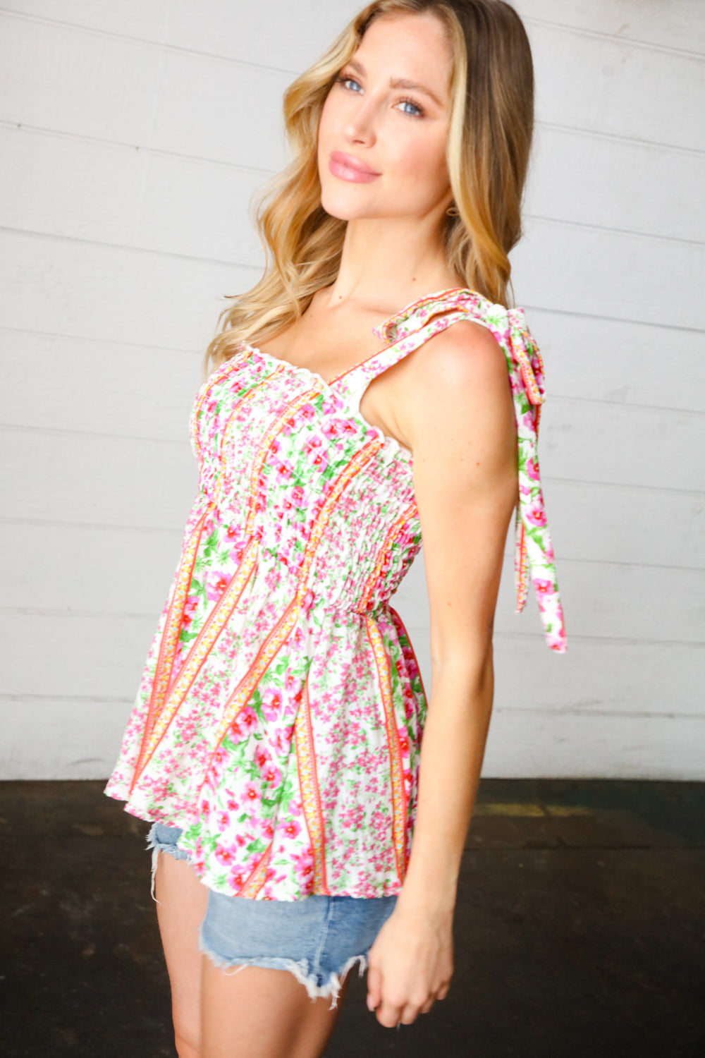 Ivory & Fuchsia Floral Smocked Shoulder Tie Top