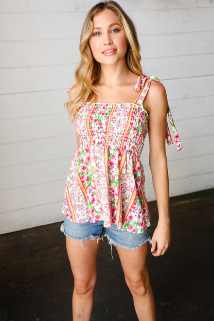 Ivory & Fuchsia Floral Smocked Shoulder Tie Top