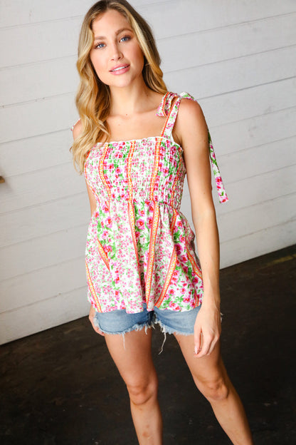 Ivory & Fuchsia Floral Smocked Shoulder Tie Top