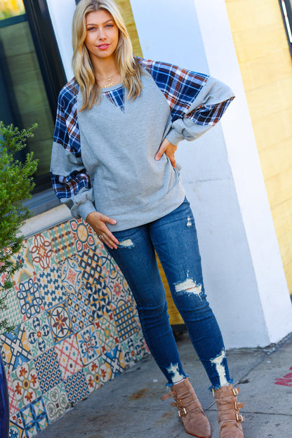 Face The Day Grey/Navy Plaid Thermal Raglan Pullover