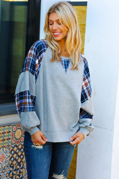 Face The Day Grey/Navy Plaid Thermal Raglan Pullover