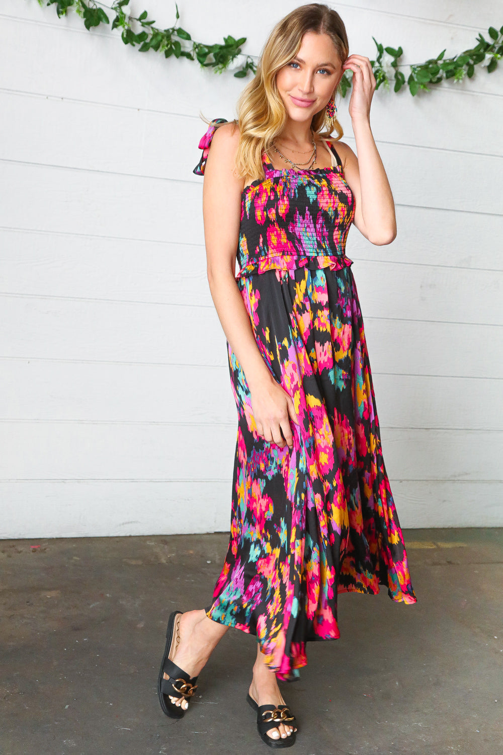 Black Smeared Floral Print Tie Shoulder Midi Dress