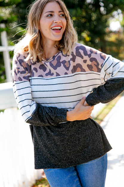 Two Tone Hacci Leopard Stripe Color Block Top