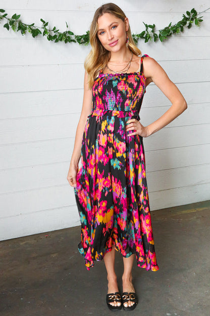 Black Smeared Floral Print Tie Shoulder Midi Dress