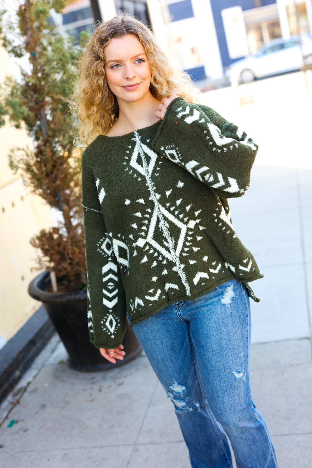 Just A Feeling Olive Aztec Print Fuzzy Sweater