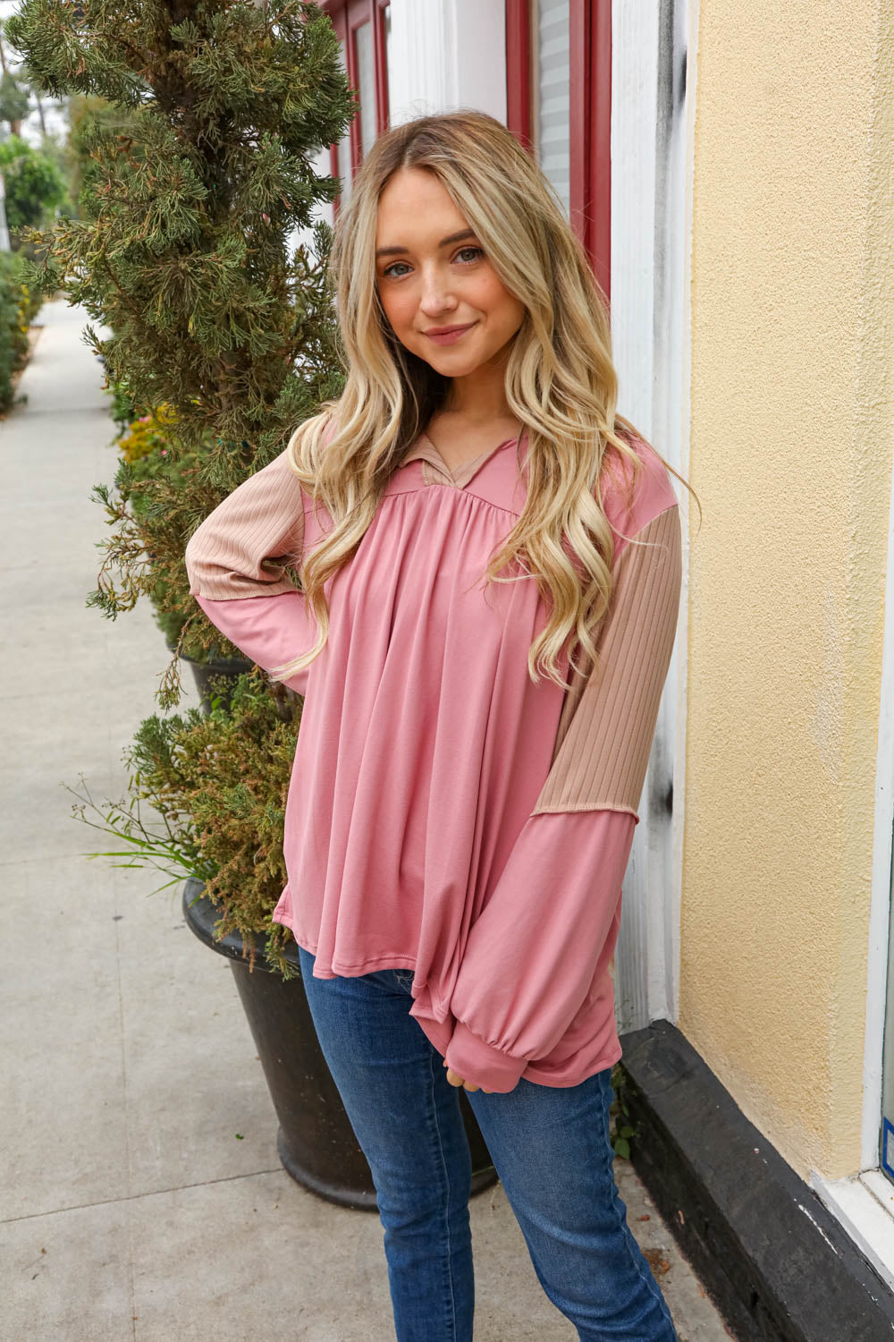 Mauve & Tan Rib Knit Placket Yoke Swing Top