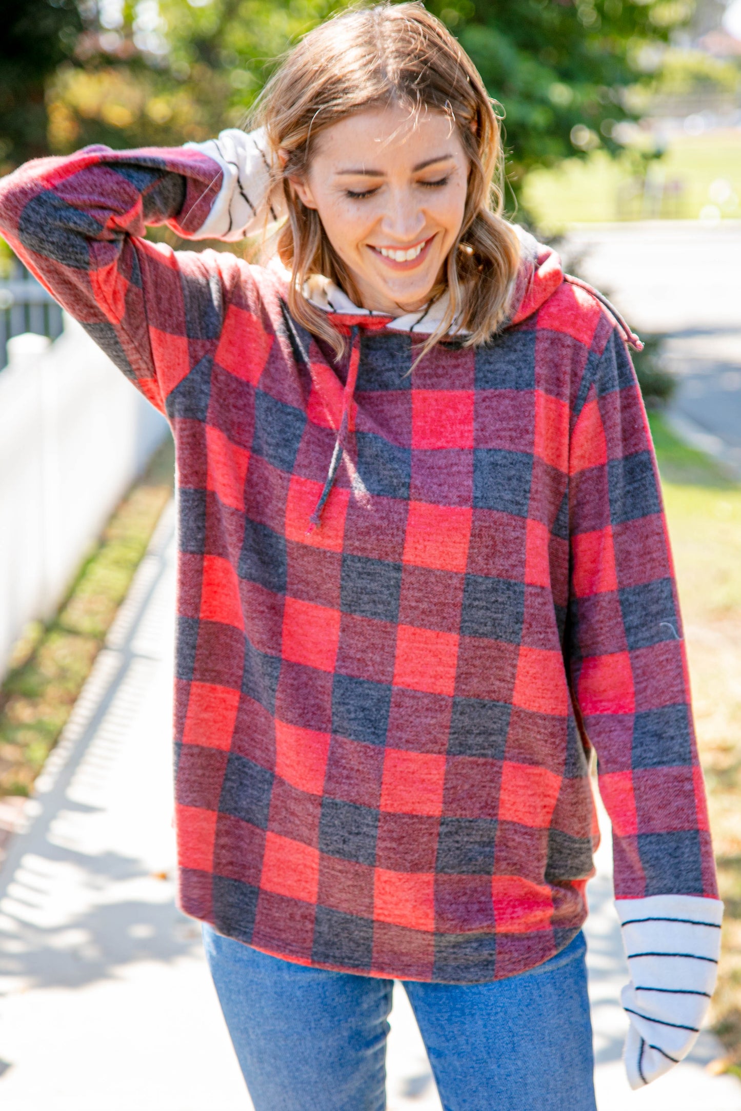 Buffalo Plaid & Stripe Cashmere Feel Hoodie