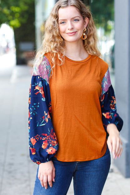 On Your Way Rust & Navy Floral Textured Hacci Top