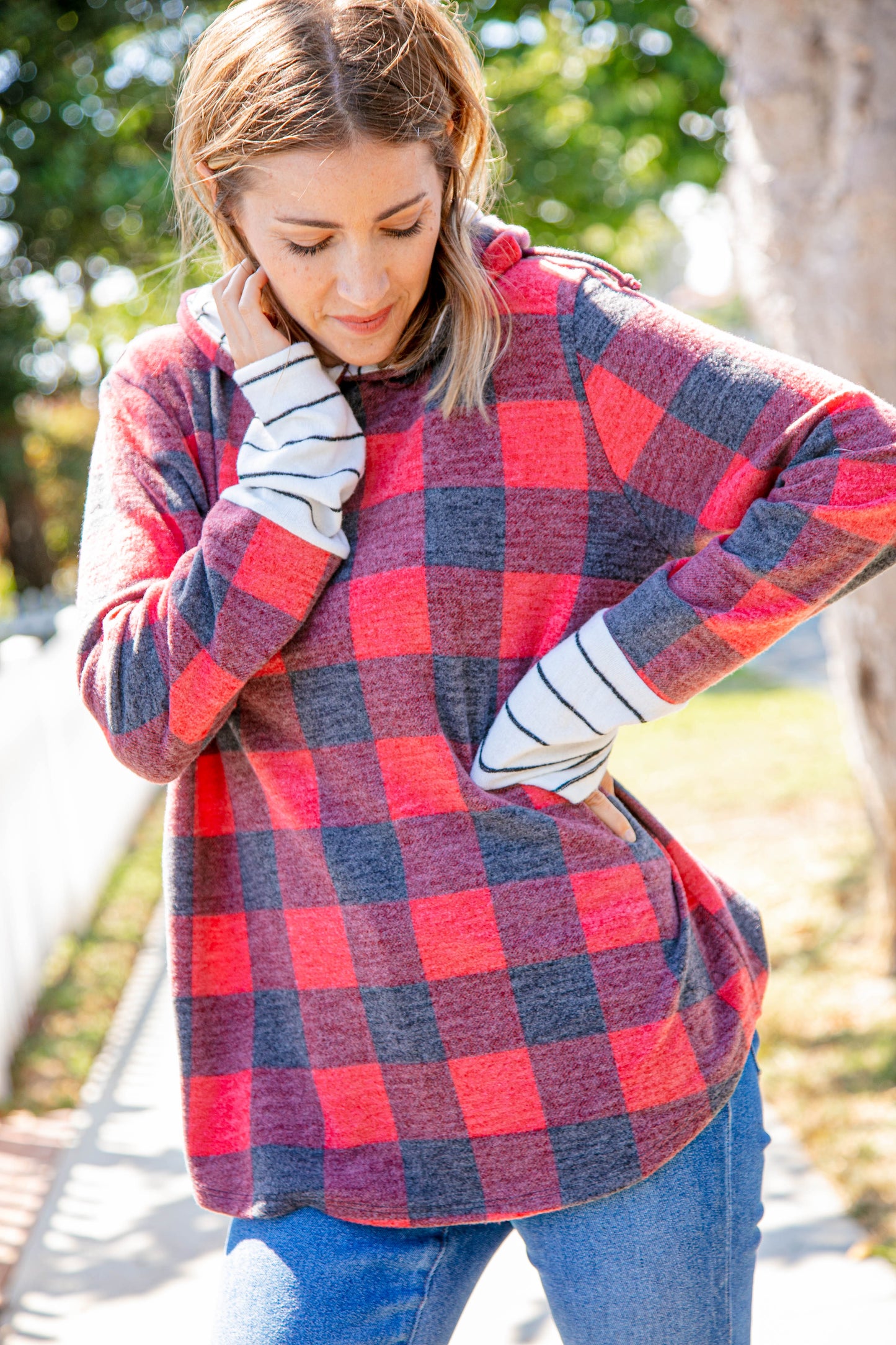 Buffalo Plaid & Stripe Cashmere Feel Hoodie