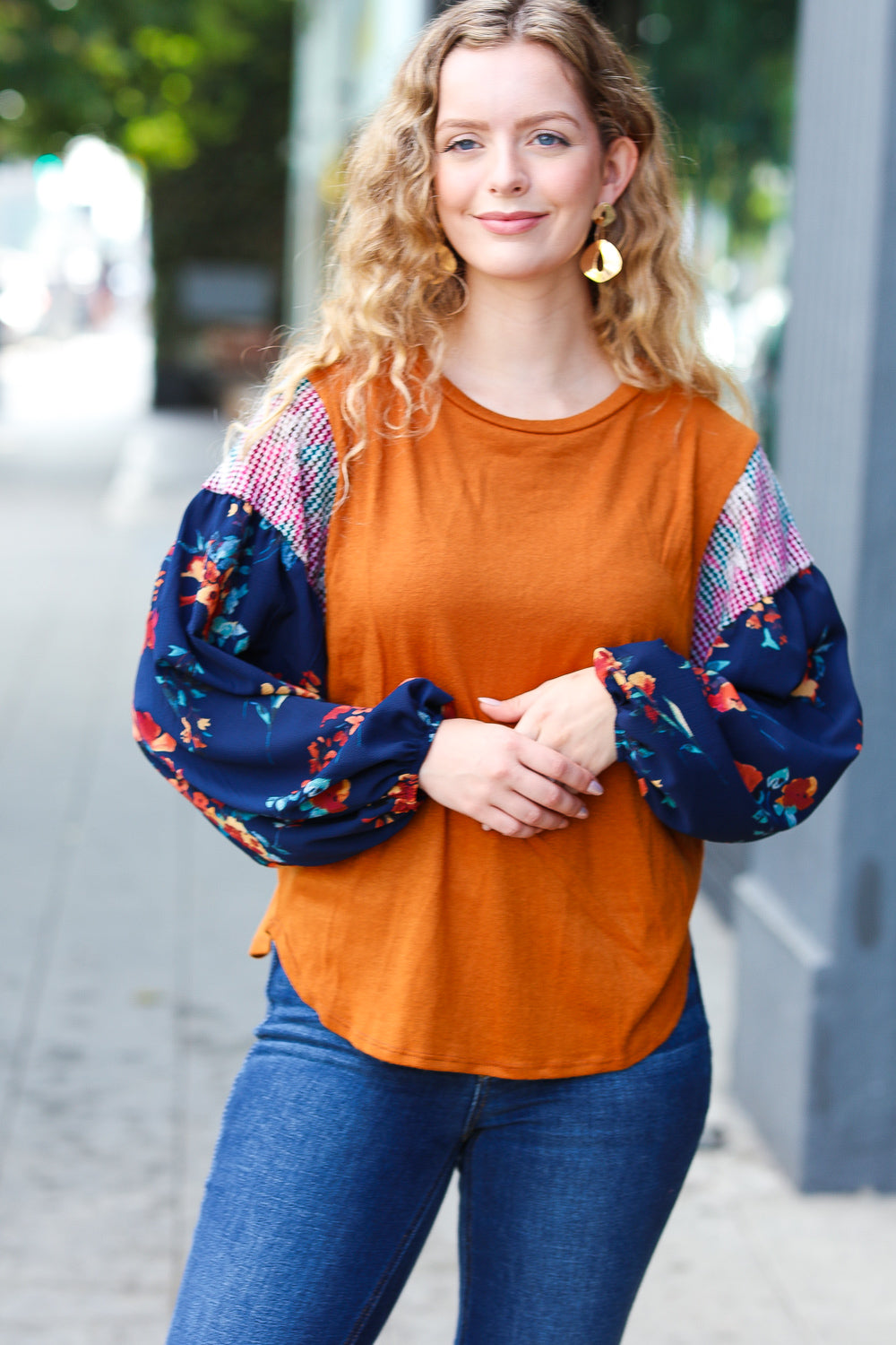 On Your Way Rust & Navy Floral Textured Hacci Top