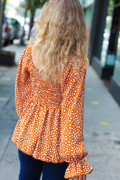 Rust Leopard Print Smocked Ruffle Hem Top