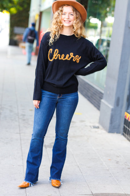 Take Note Black Embroidery "Cheers" Oversized Knit Top