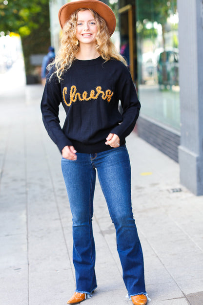 Take Note Black Embroidery "Cheers" Oversized Knit Top